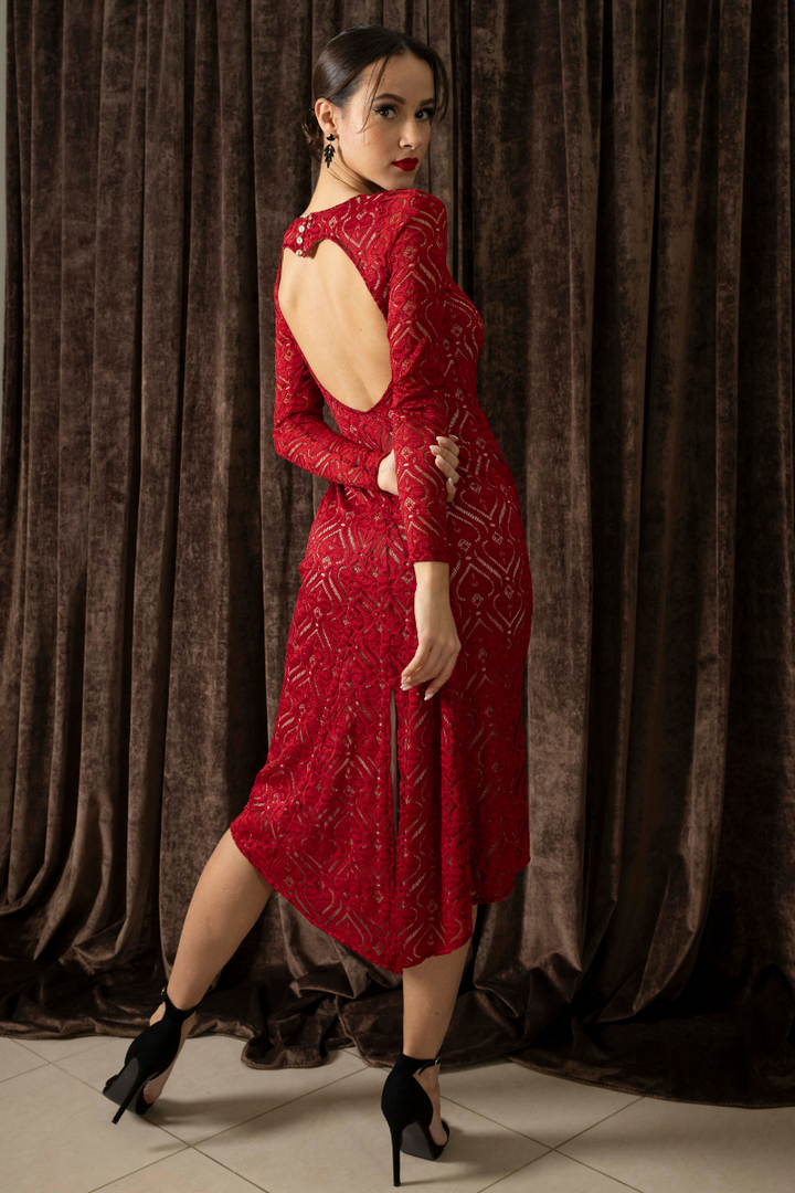 Red Heart Shape Lace Tango Dress With Slitted Tail & Heart Cutout Back