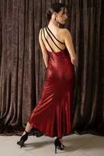 Load image into Gallery viewer, Red Metallic One-Shoulder Tango Dress With Side Slit