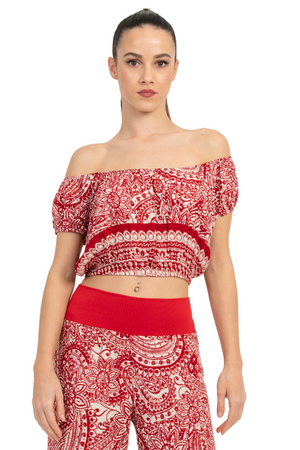 Mexican Style Off-The-Shoulder Mandala Paisley Print Crop Top