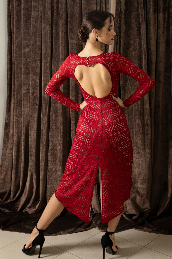 Red Heart Shape Lace Tango Dress With Slitted Tail & Heart Cutout Back