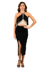 Load image into Gallery viewer, Beige Halter Neck Top With Black Fringe Layer