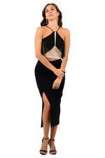 Load image into Gallery viewer, Beige Halter Neck Top With Black Fringe Layer