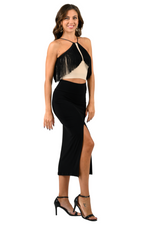 Load image into Gallery viewer, Beige Halter Neck Top With Black Fringe Layer