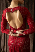 Load image into Gallery viewer, Red Heart Shape Lace Tango Dress With Slitted Tail &amp; Heart Cutout Back

