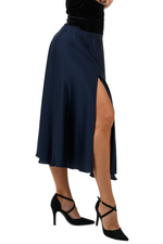 Load image into Gallery viewer, Dark Blue Swing Satin Skirt With Velvet Waistband