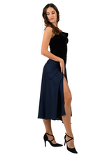 Load image into Gallery viewer, Dark Blue Swing Satin Skirt With Velvet Waistband