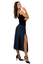 Load image into Gallery viewer, Dark Blue Swing Satin Skirt With Velvet Waistband