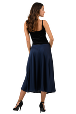 Load image into Gallery viewer, Dark Blue Swing Satin Skirt With Velvet Waistband