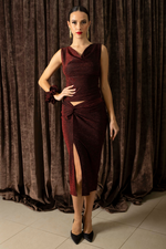 Load image into Gallery viewer, Red Sparkling Twist Knot Bodycon Midi Skirt With Slit
