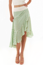 Load image into Gallery viewer, Asymmetric Ruffle Hem Polka Dot Wrap Skirt