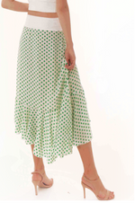 Load image into Gallery viewer, Asymmetric Ruffle Hem Polka Dot Wrap Skirt