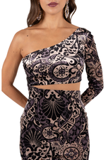 Load image into Gallery viewer, Baroque Print One-Sleeve Velvet Dress