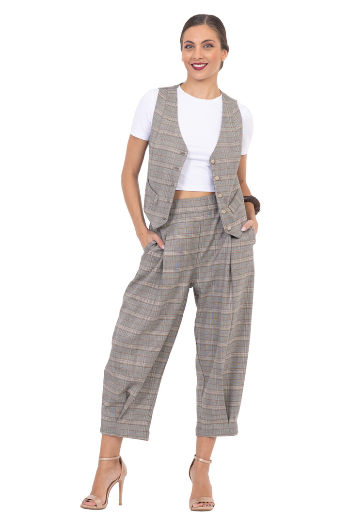 Beige Checked Women's Tailored Trousers