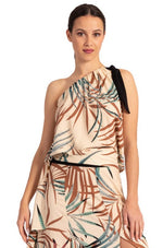 Load image into Gallery viewer, Beige One Shoulder Tropical Print Loose Top