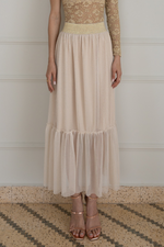 Load image into Gallery viewer, Beige Pleated Tulle Maxi Prairie Skirt
