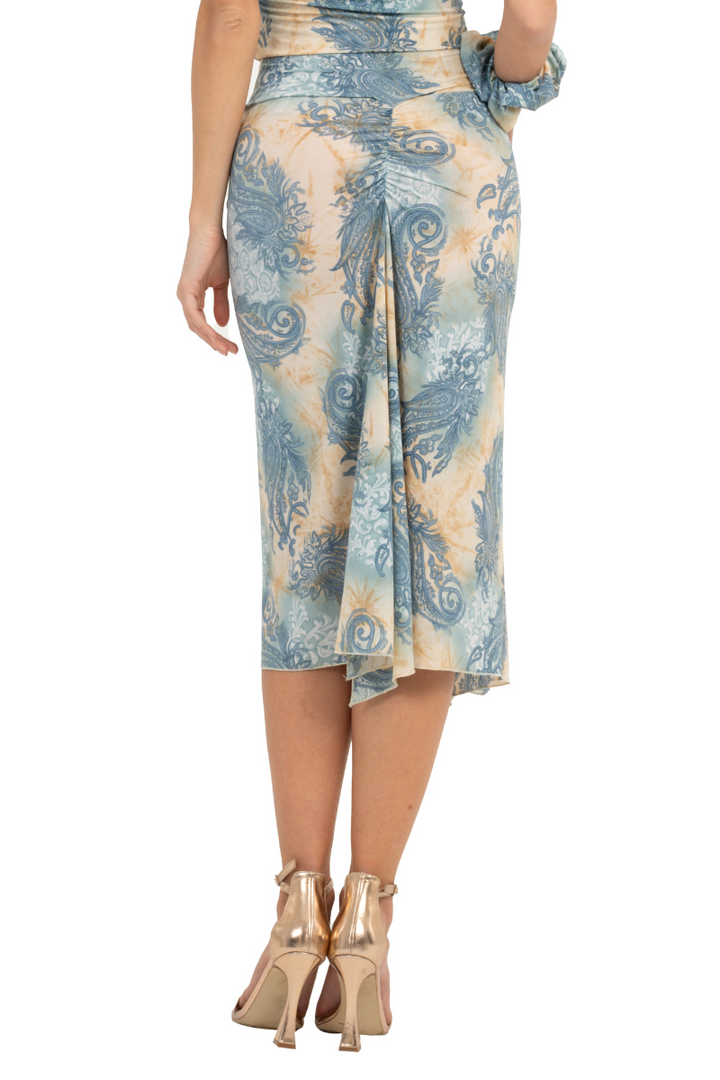 Beige & Blue Abstract Paisley Print Flowy Tango Skirt With Slits