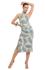 Load image into Gallery viewer, Beige &amp; Blue Abstract Paisley Print Flowy Tango Skirt With Slits
