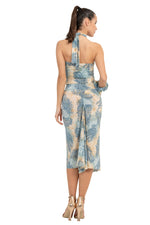 Load image into Gallery viewer, Beige &amp; Blue Abstract Paisley Print Keyhole Halter Neck Top
