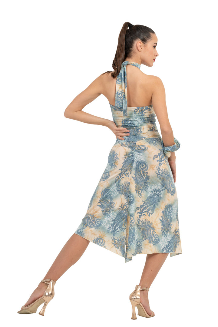 Beige & Blue Abstract Paisley Print Flowy Tango Skirt With Slits