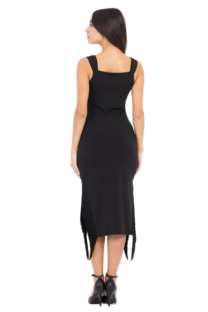 Black Fringed Midi Dress With Thick Straps