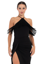 Load image into Gallery viewer, Black Halter Neck Top With Fringe Layer