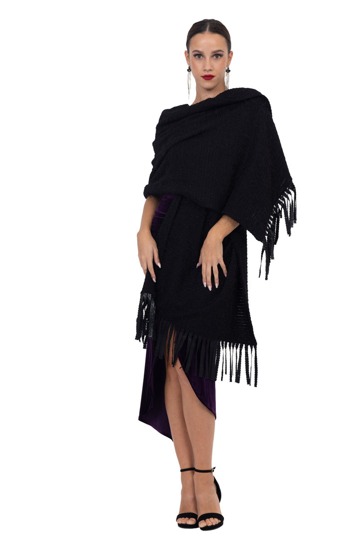 Black Knit Scarf With Faux Leather Fringe Details