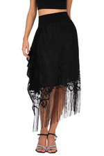 Load image into Gallery viewer, Black Lace Skirt With Side Draping & Fringe