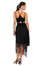 Load image into Gallery viewer, Black Lace Skirt With Side Draping & Fringe