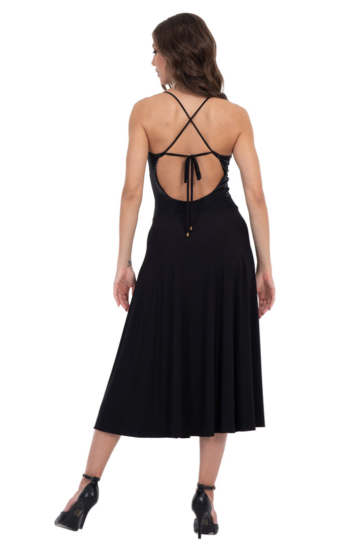 Black Lamé Fit & Flare Tango Dress With Spaghetti Straps