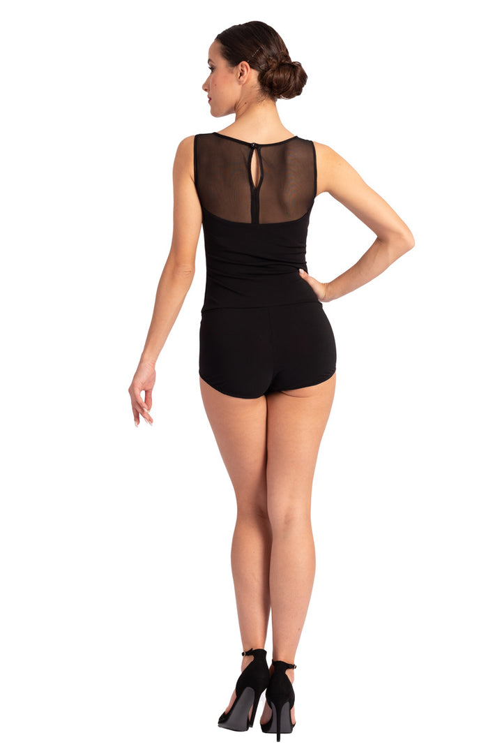 Black Sleeveless Bodysuit With Tulle Décolletage