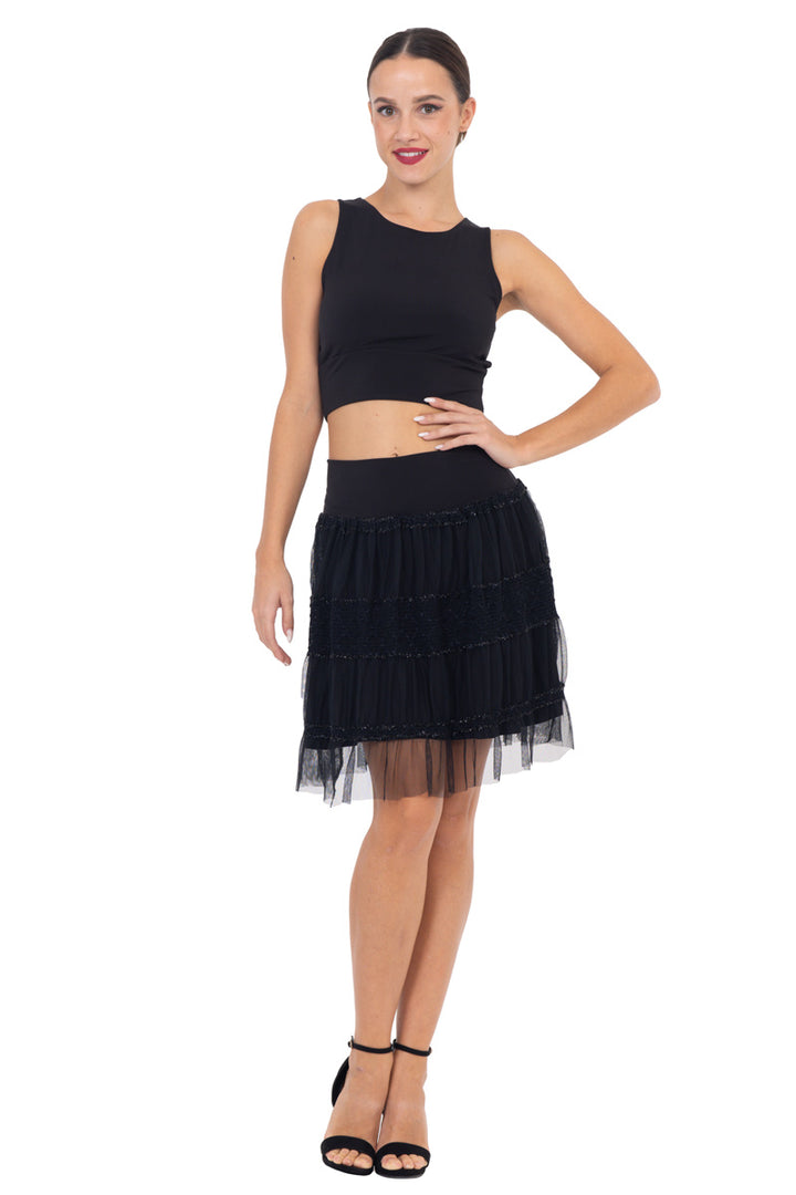 Black Tulle Above-Knee Skirt With Sparkling Details