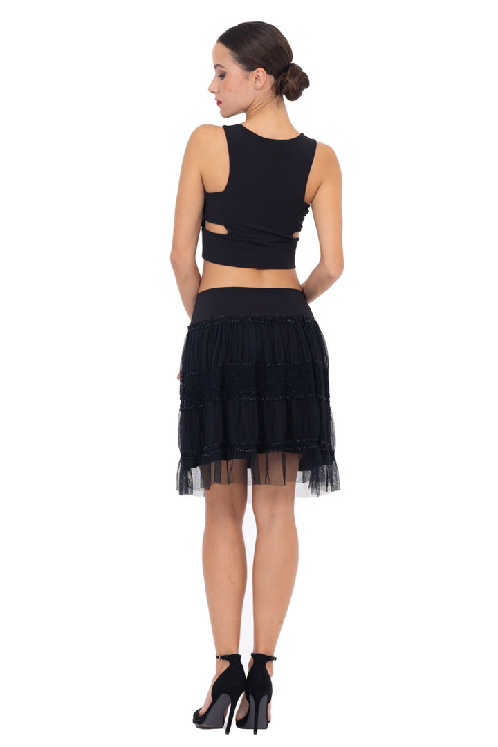 Black Tulle Above-Knee Skirt With Sparkling Details