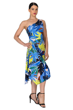 Load image into Gallery viewer, Woman wearing a colorful one-shoulder dress with a tropical leaf pattern on a white background