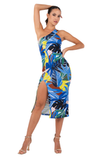 Load image into Gallery viewer, Blue Tropical Print One-Shoulder Tango Dress With Slits