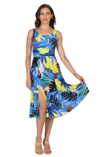 Load image into Gallery viewer, Woman wearing a colorful floral dress on a white background