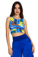 Load image into Gallery viewer, Blue Tropical Print Crop Top With Side Cutouts