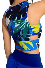 Load image into Gallery viewer, Blue Tropical Print Crop Top With Side Cutouts