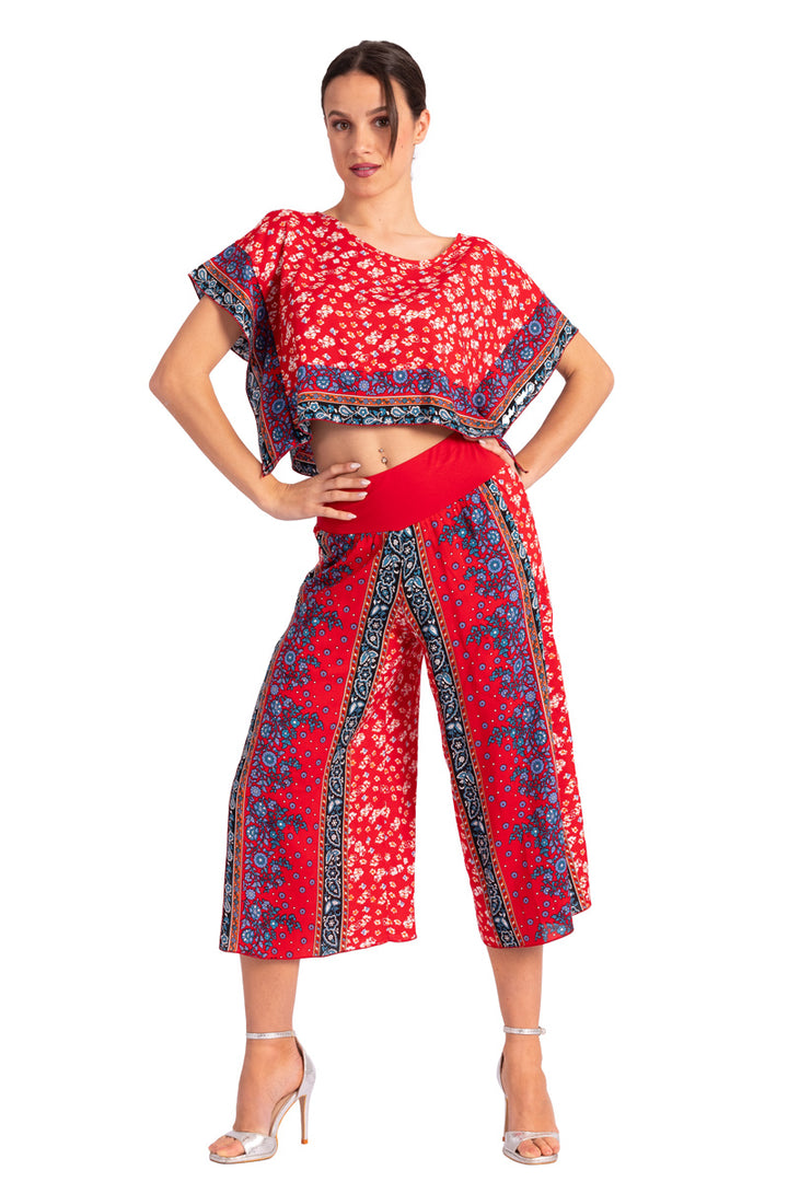 Bright Red Floral Print Boxy Co-ord Crop Top