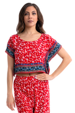 Load image into Gallery viewer, Bright Red Floral Print Boxy Crop Top