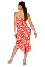 Load image into Gallery viewer, Bright Red Floral Fishtail Dress With Adjustable Ruched Keyhole Back