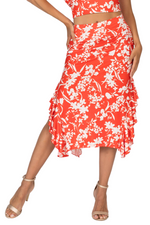 Load image into Gallery viewer, Bright Red Floral Print Dance Skirt With Side Ruffles