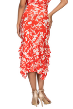 Load image into Gallery viewer, Bright Red Floral Print Dance Skirt With Side Ruffles