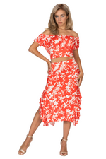 Load image into Gallery viewer, Bright Red Floral Print Dance Skirt With Side Ruffles