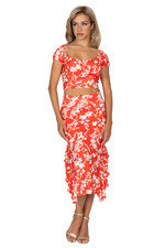 Load image into Gallery viewer, Bright Red Floral Print Dance Skirt With Side Ruffles