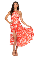 Load image into Gallery viewer, Bright Red Floral Print Midi Flowing Tango Dress