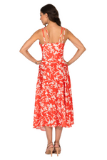Load image into Gallery viewer, Bright Red Floral Print Midi Flowing Tango Dress