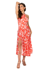 Load image into Gallery viewer, Bright Red Floral Print Midi Flowing Tango Dress