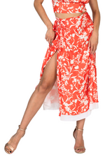 Load image into Gallery viewer, Bright Red Floral Two Layer Georgette Wrap Dance Skirt