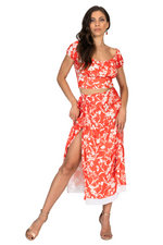 Load image into Gallery viewer, Bright Red Floral Two Layer Georgette Wrap Dance Skirt