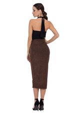 Load image into Gallery viewer, Bronze Sparkling Twist Knot Bodycon Midi Skirt With Slit
